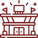Icono de un estadio con banderas y luces, representando eventos deportivos y espectáculos en vivo.